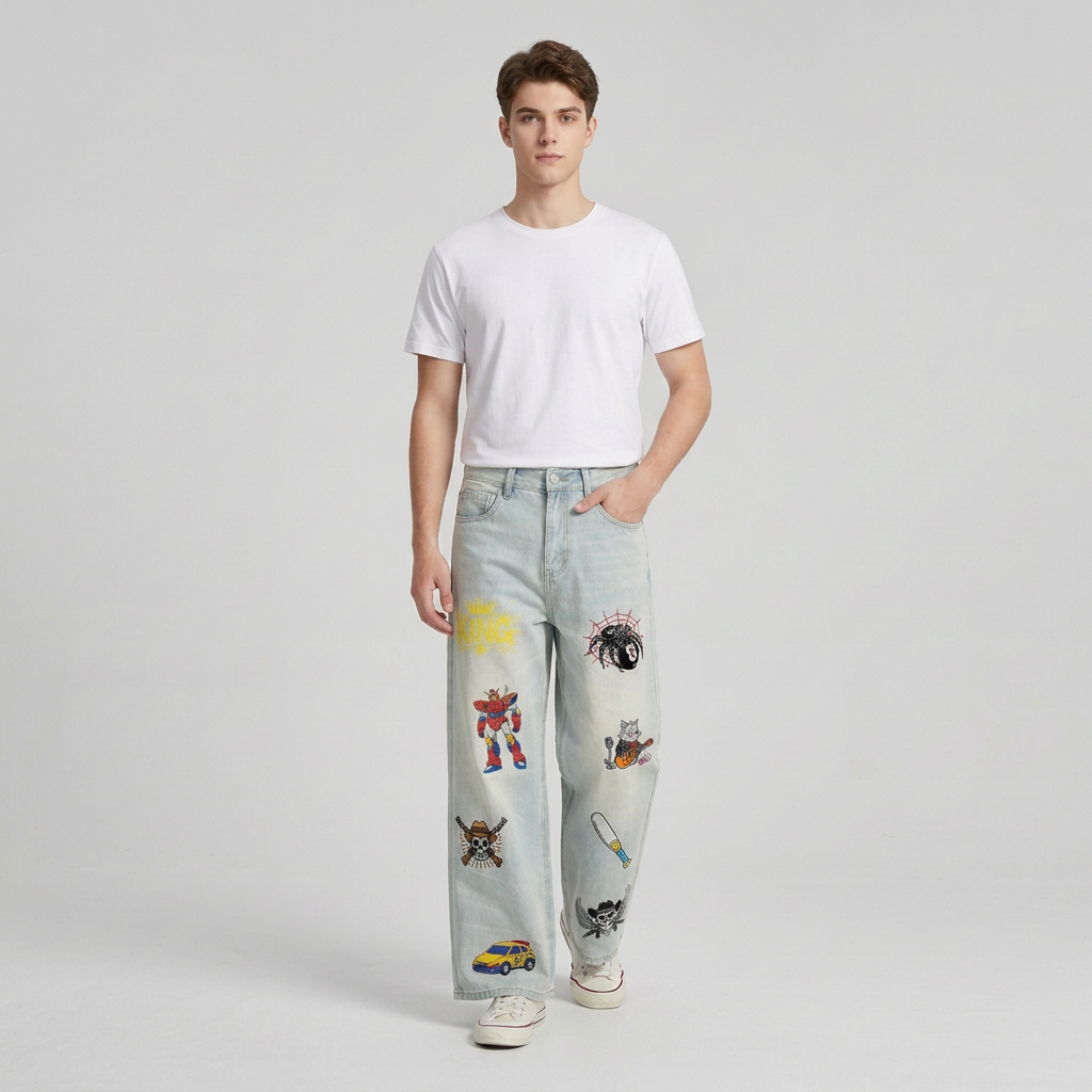 Men's Vintage Wash Wide Leg Denim Jeans