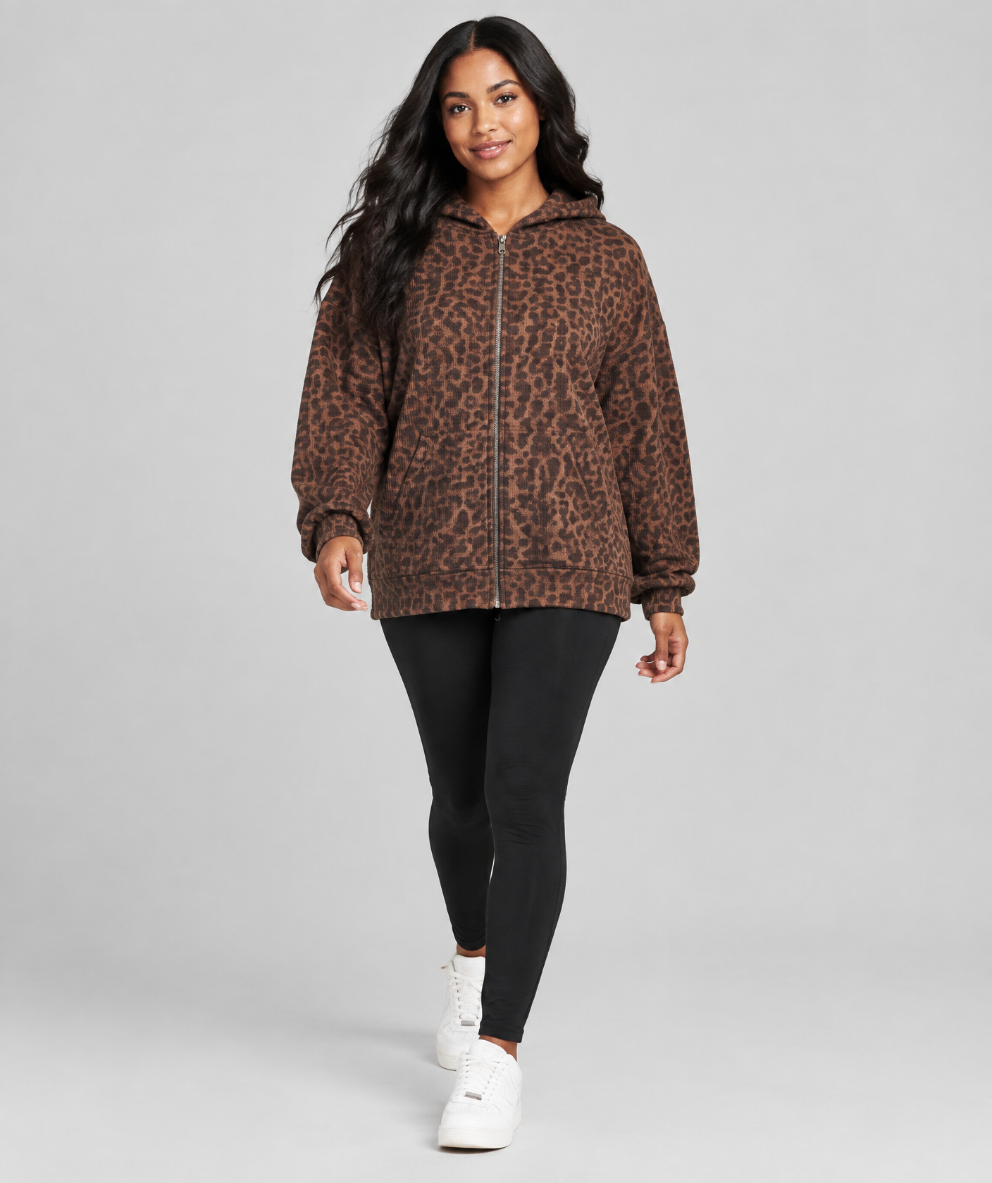 Unisex Leopard Print Waffle Full Zip Hoodie